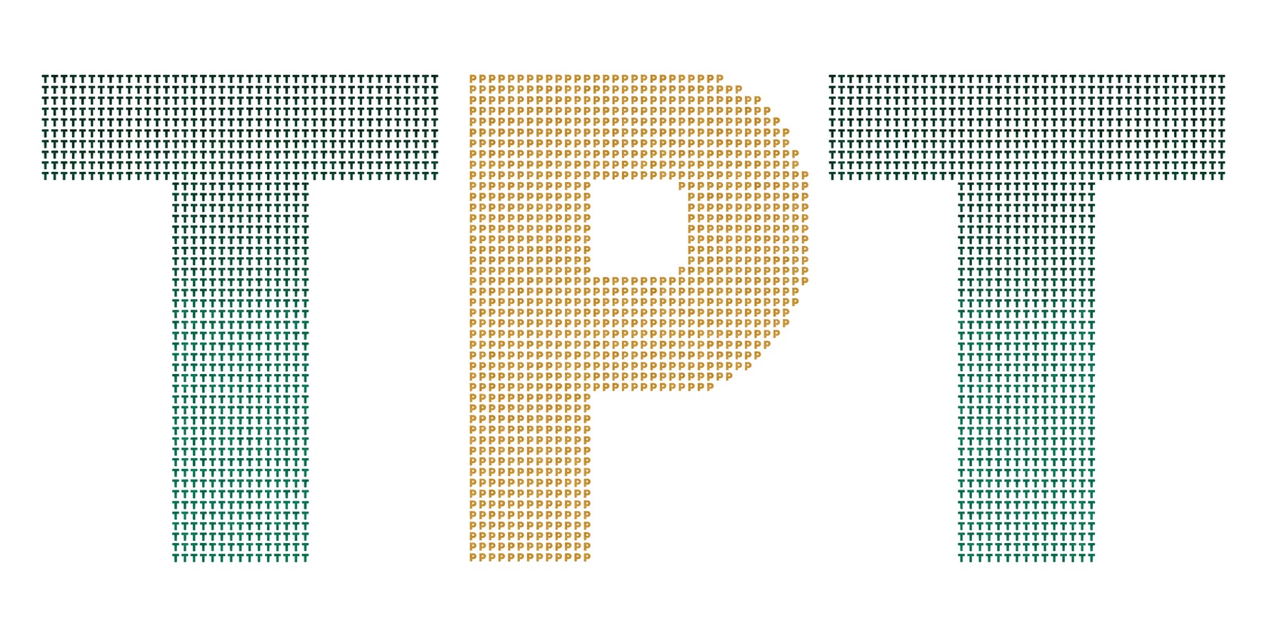 TPT: two forest-green T’s and a gold P, each built from hundreds of tiny matching letters.